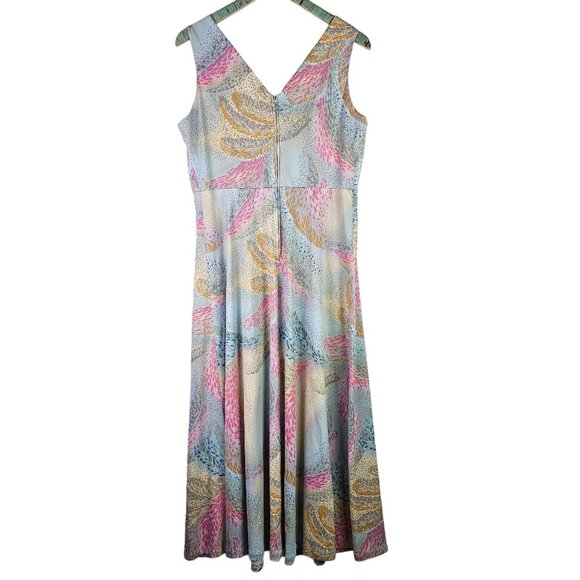 Vintage Sleeveless Maxi Pastel Floral Peacock Abstract Style Dress, Sz Large - Picture 2 of 9